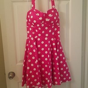 Hot pink polka dot halter/strapless dress Modcloth